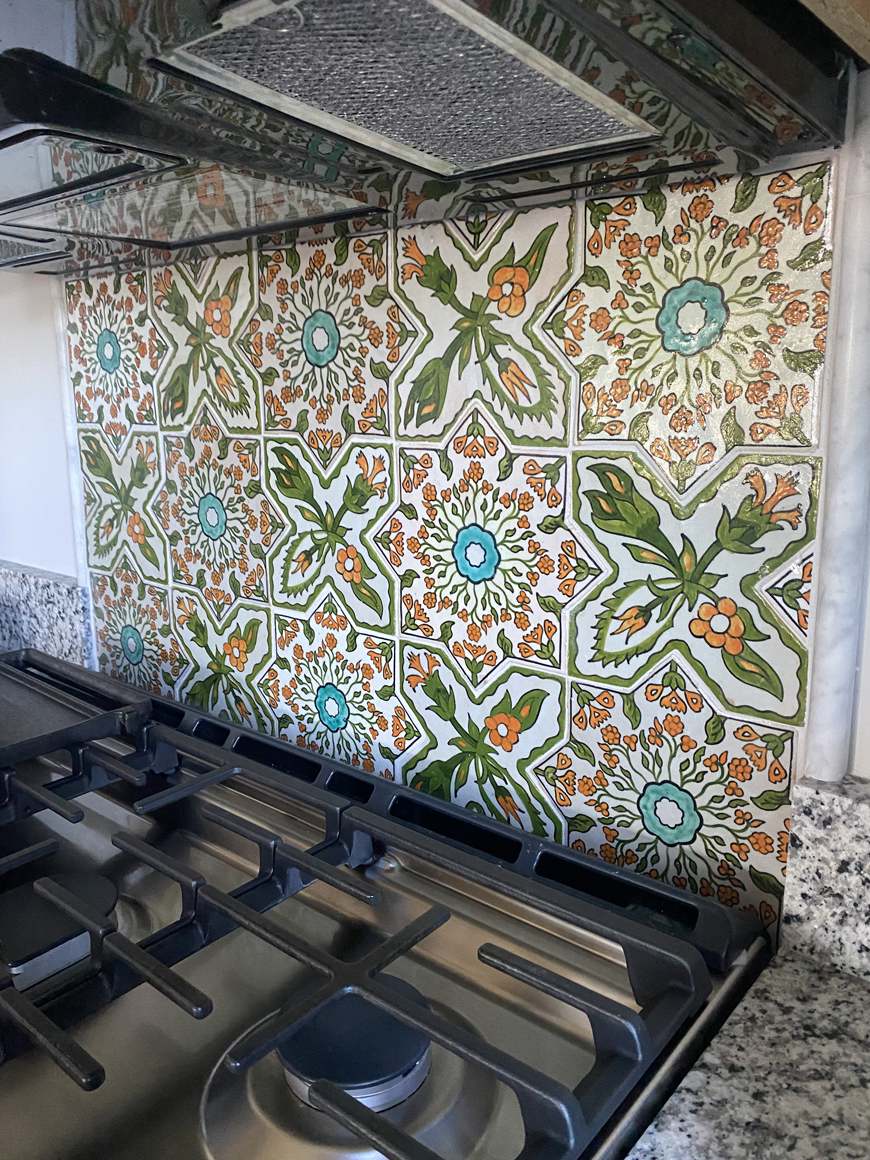 Mosaic House Moroccan tile Alice Garden Star 1-10-29-2 White Green Orange Light Blue  hand painted 
